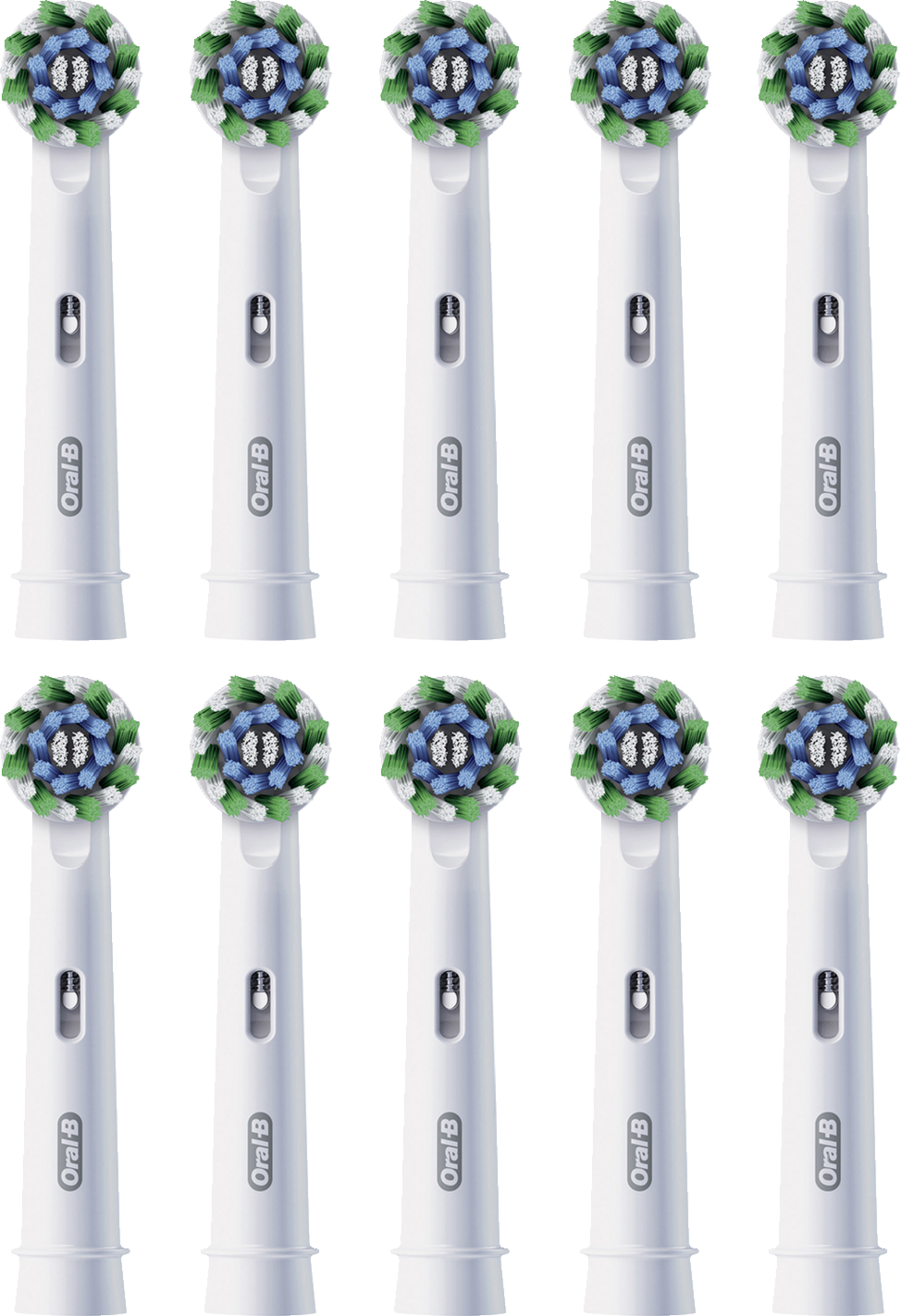 Zehn weiße Oral-B Aufsteckbürsten mit blauen und grünen Borsten.
