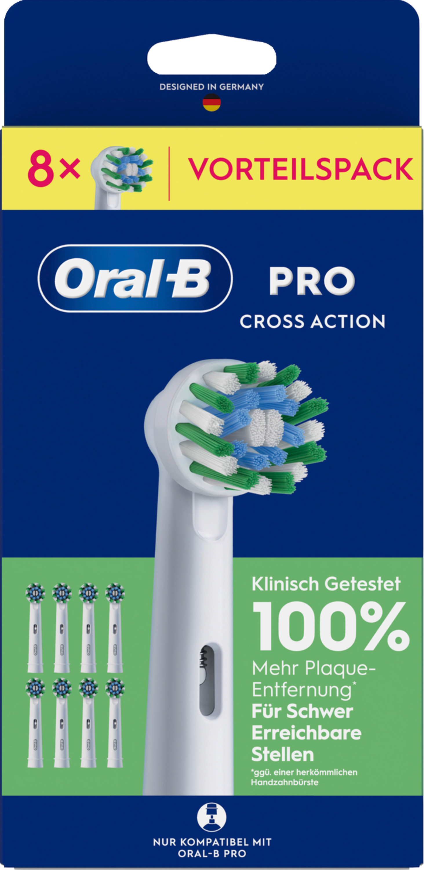 Oral-B PRO Cross Action Zahnbürstenköpfe, 8er Pack, weiß, blau, grün.