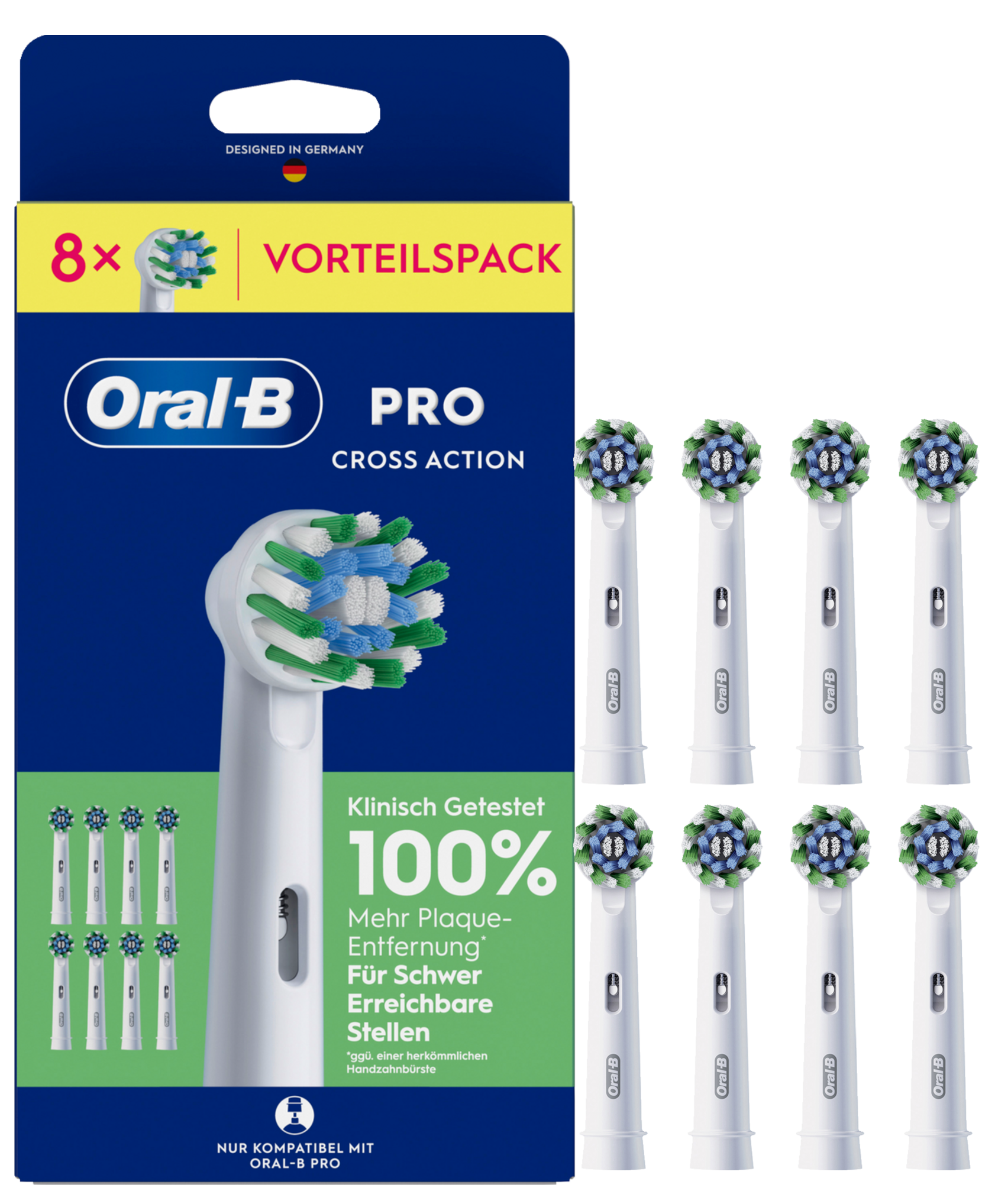 Oral-B Pro Cross Action Aufsteckbürsten im 8er Pack mit deutscher Anleitung.
