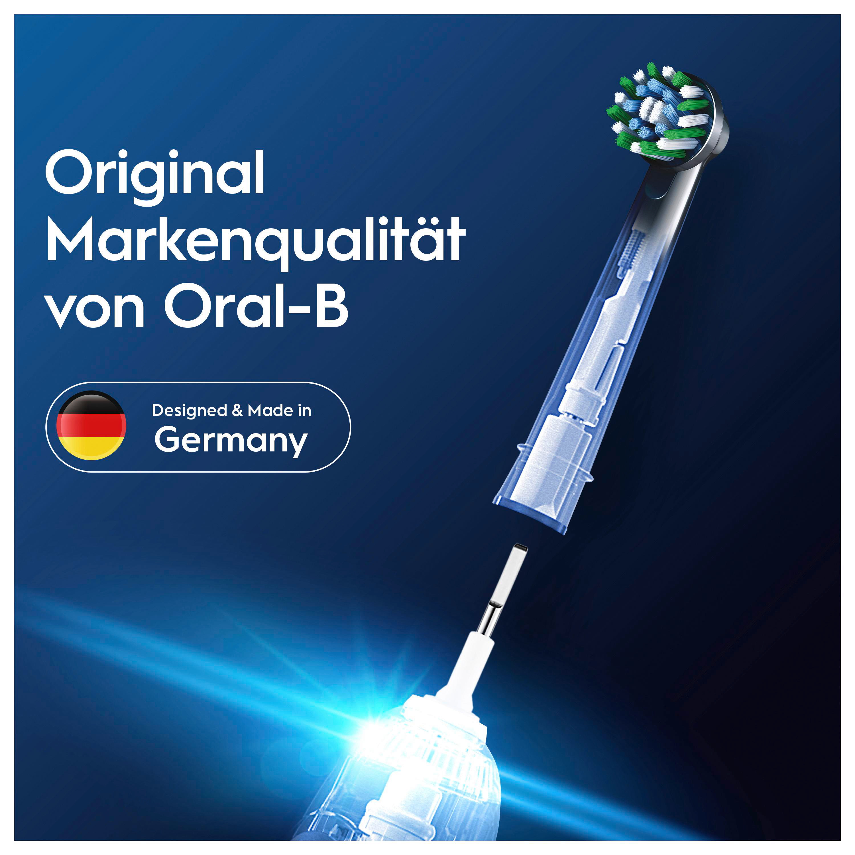Oral-B Zahnbürstenkopf mit blauen, grünen und weißen Borsten auf dunklem Hintergrund.