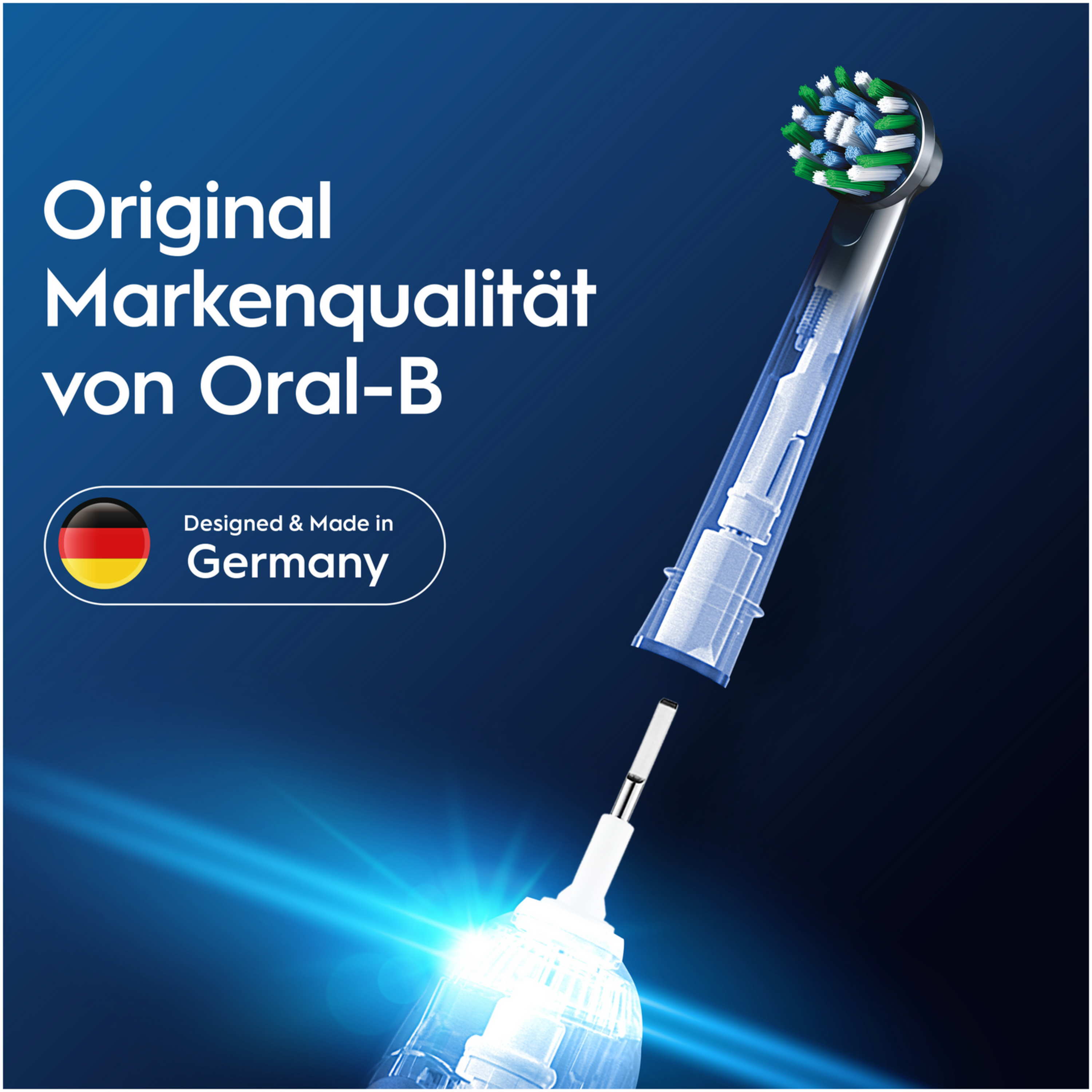 Oral-B Zahnbürstenkopf mit Borsten in Weiß, Blau und Grün auf blauem Hintergrund.