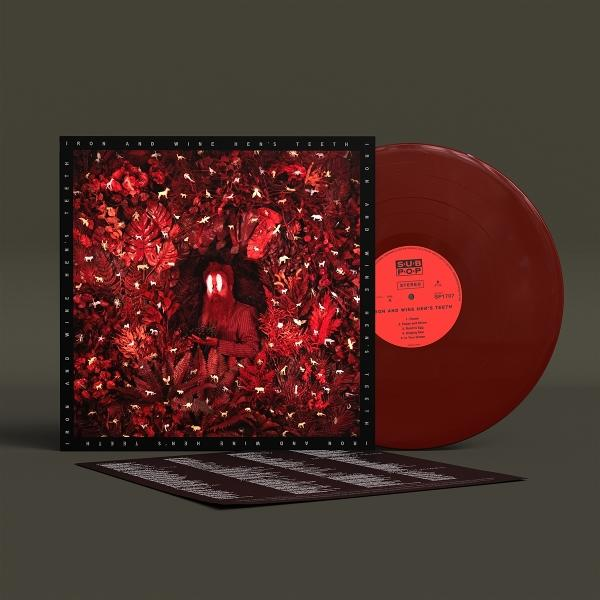 Ein rotes Vinyl-Album mit einem roten Cover, das eine Person inmitten von rotem Laub zeigt.