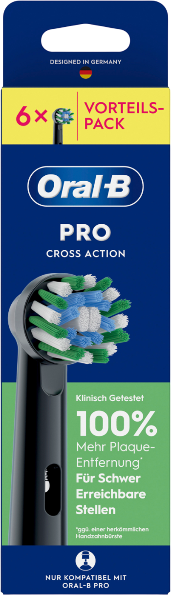Oral-B Pro Cross Action Bürstenkopf-Packung, 6 Stück, mit blauen, grünen und weißen Borsten.