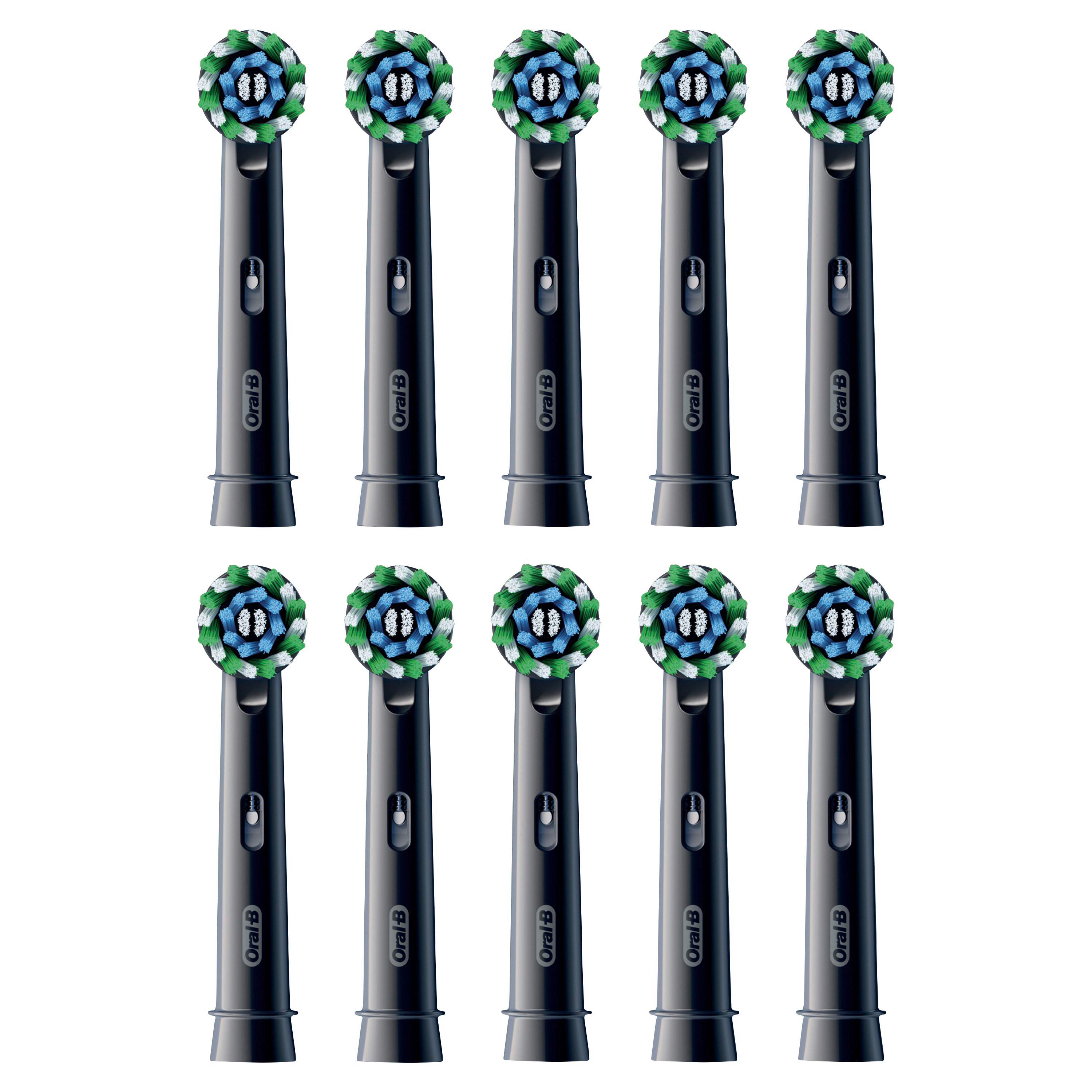 Zehn schwarze Oral-B-Zahnbürstenköpfe mit blauen, grünen und weißen Borsten.