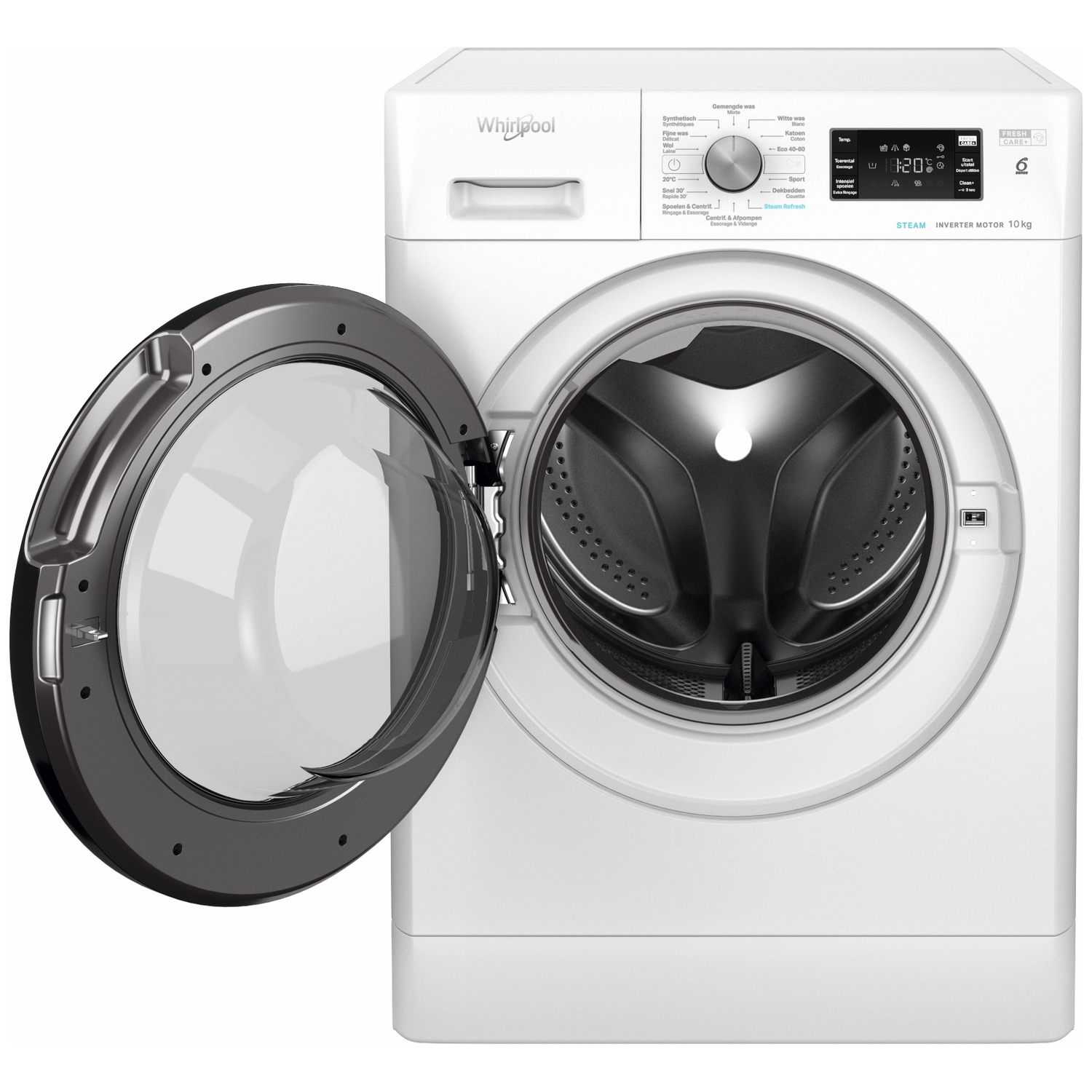 Een witte Whirlpool wasmachine met open deur en zilveren rand.