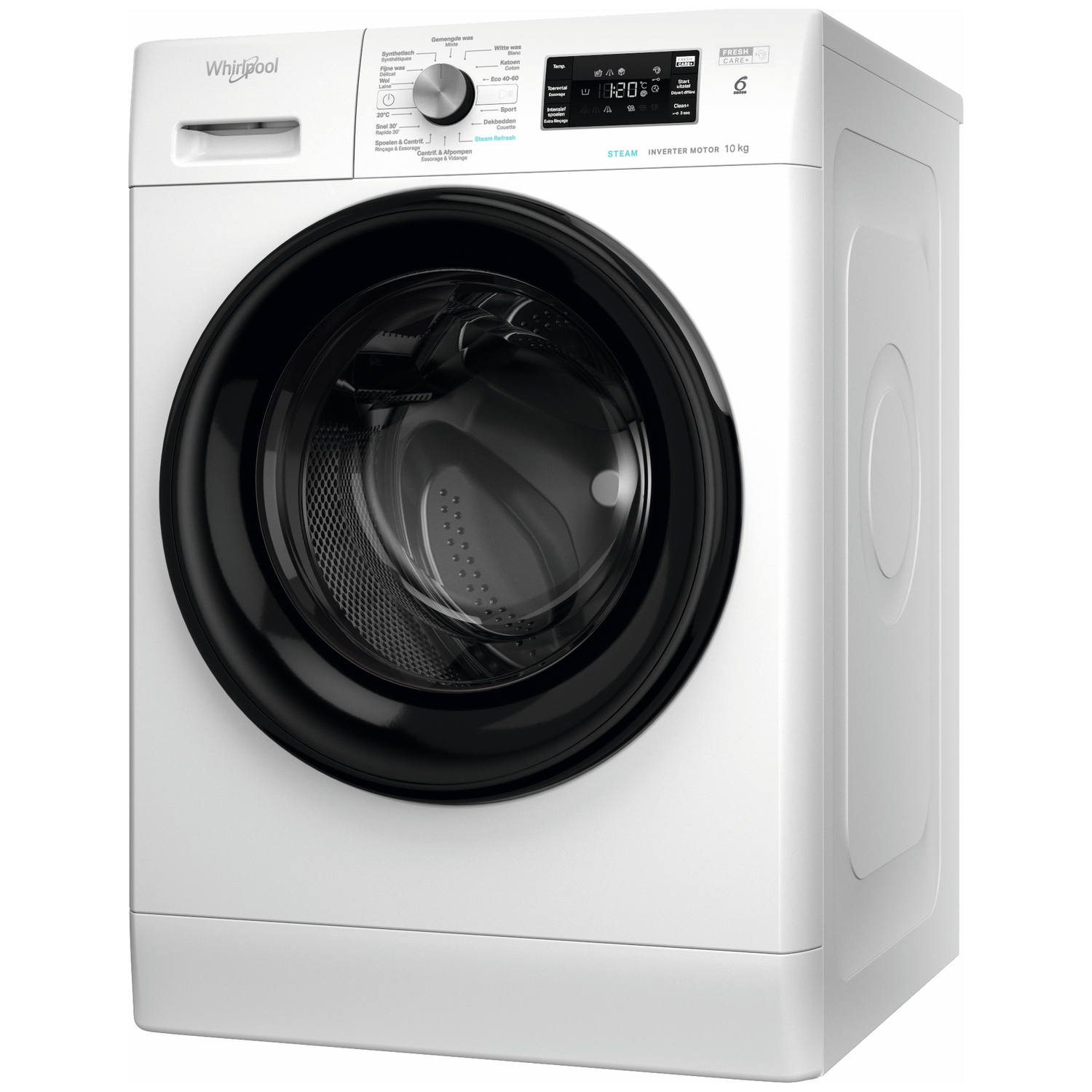 Een witte Whirlpool wasmachine met zwarte deur en bedieningspaneel.