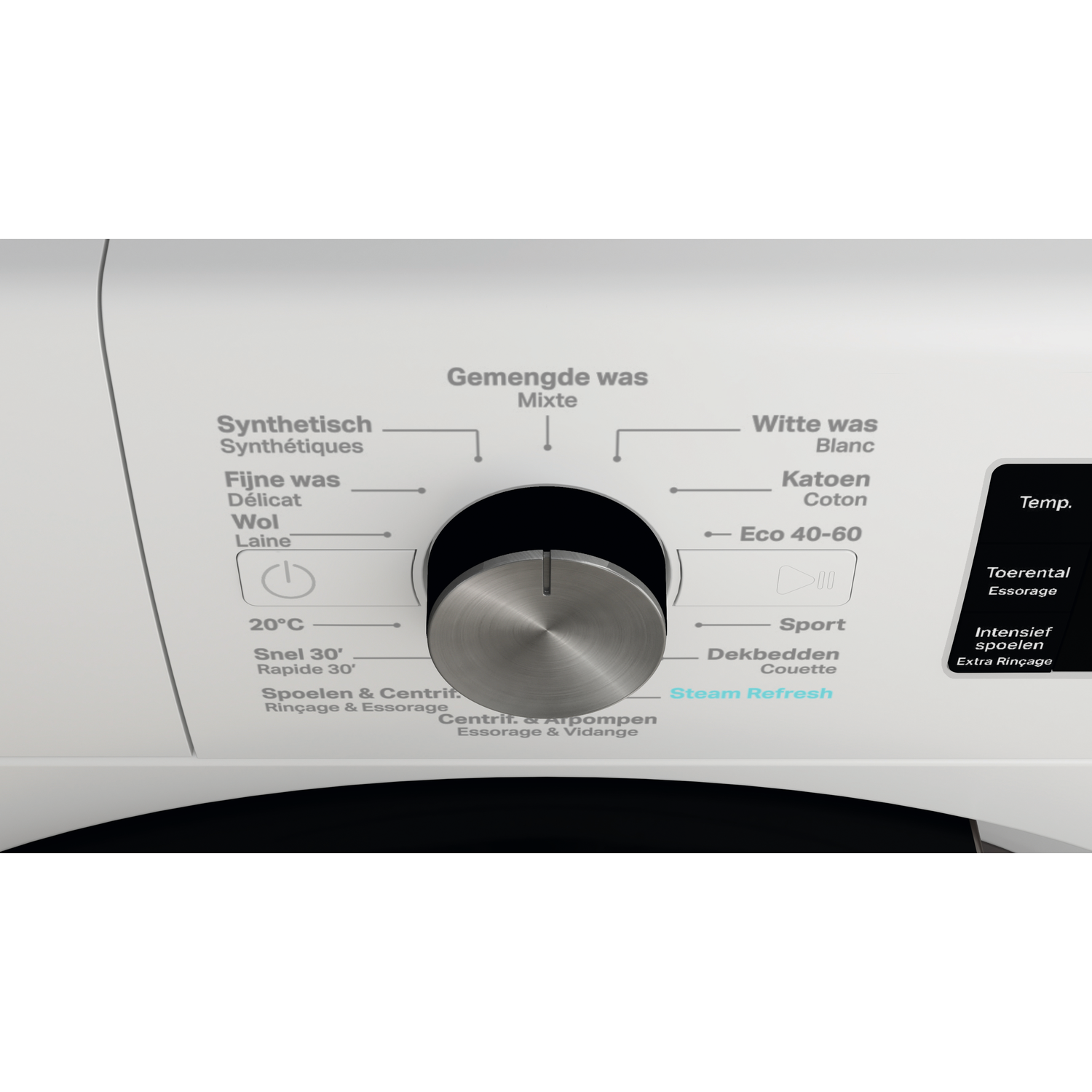 Wit bedieningspaneel van de wasmachine met een draaiknop en diverse wasprogramma's.