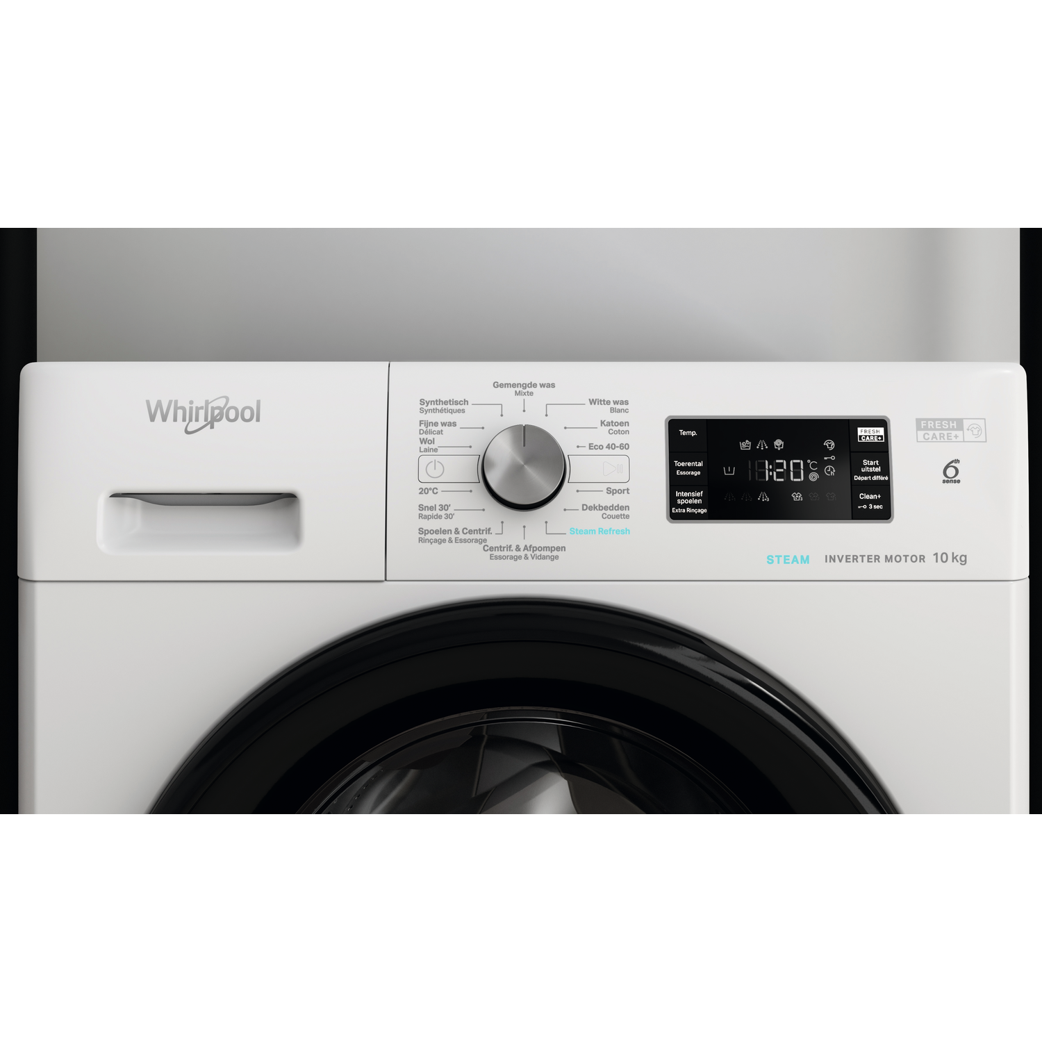Een Whirlpool wasmachine bedieningspaneel met programmakiezer en display.