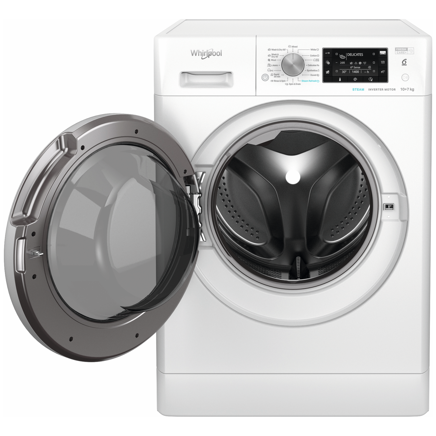 White Whirlpool washing machine with open door, display shows programs.