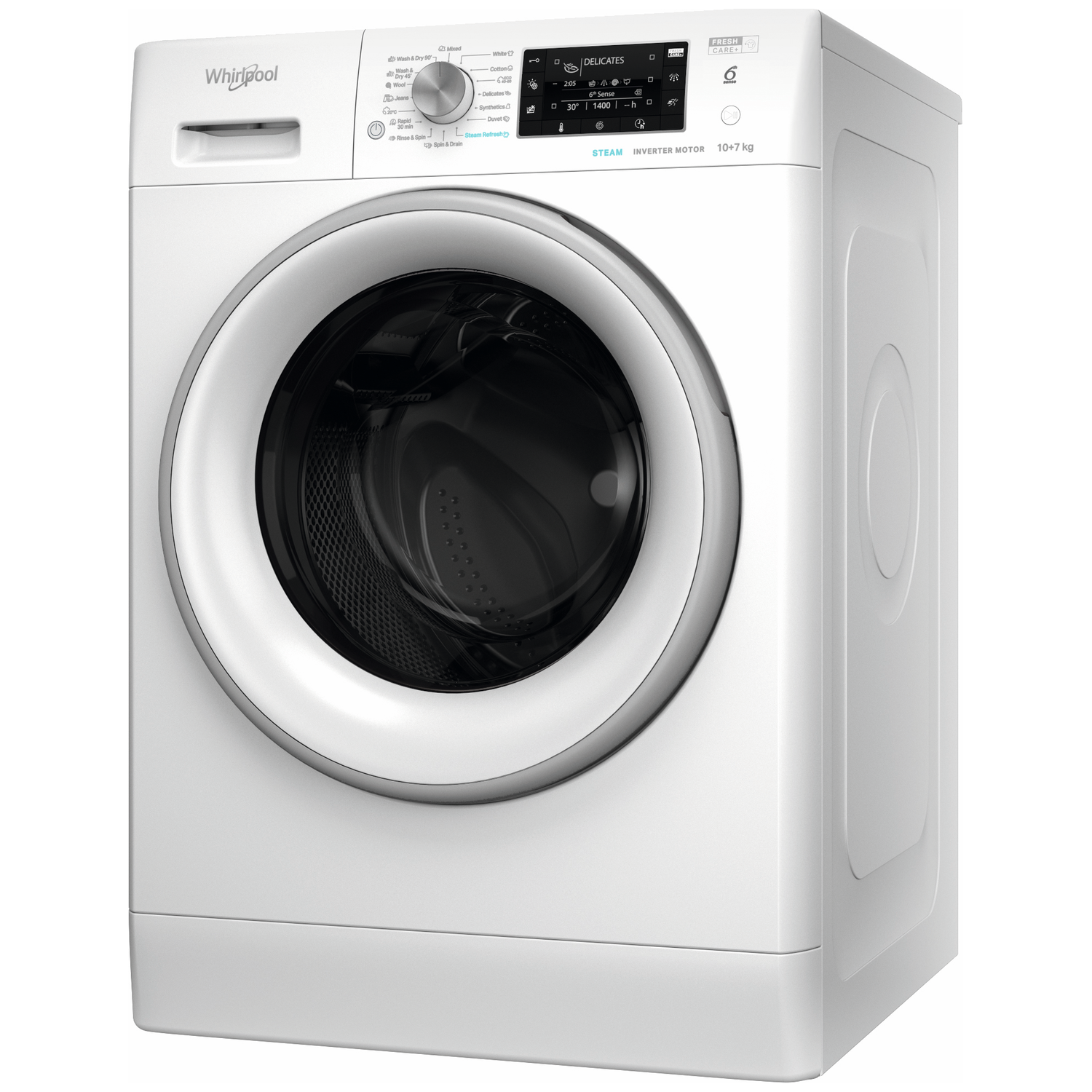 A white Whirlpool washing machine with a digital display and a round door.