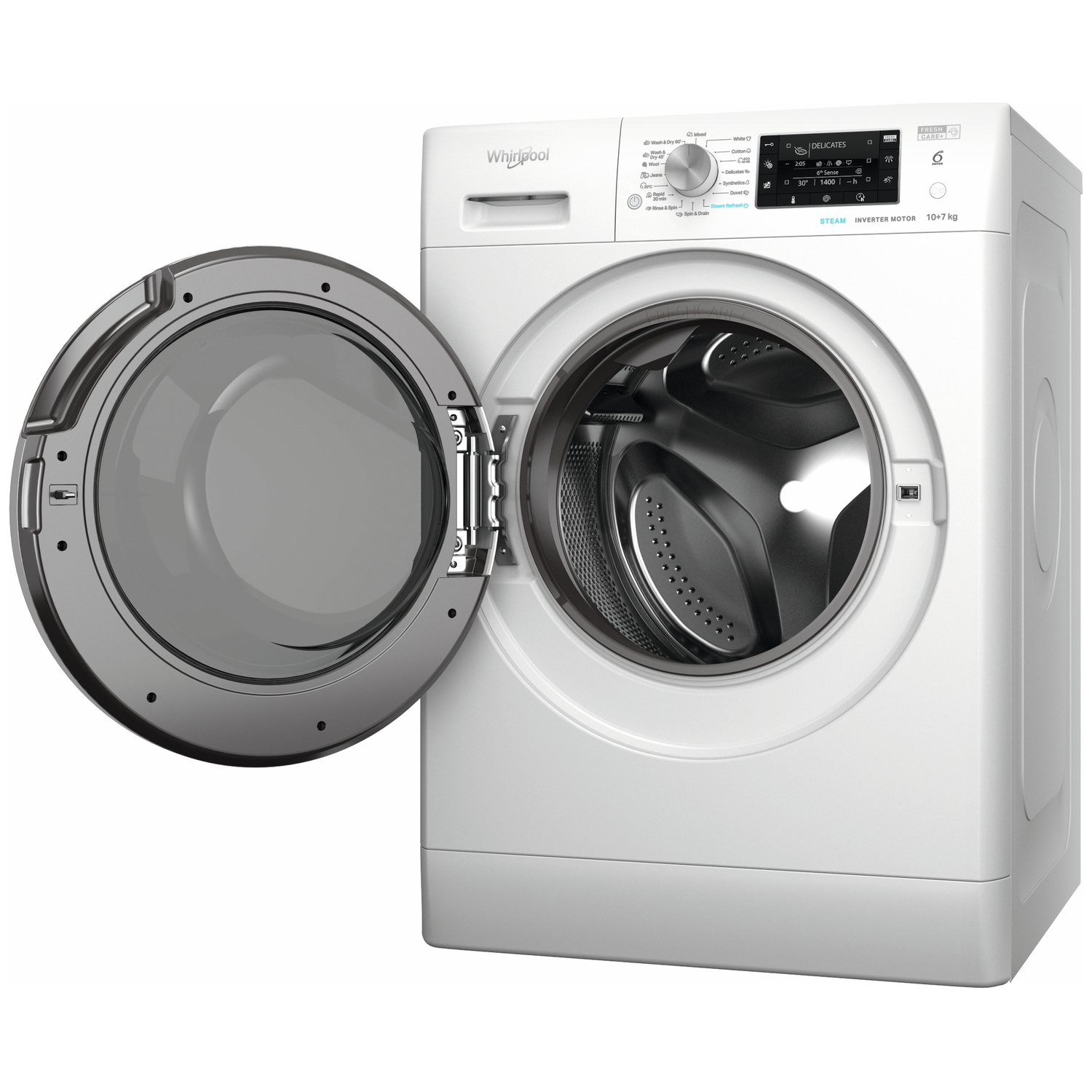 White Whirlpool washing machine with open door and digital display.