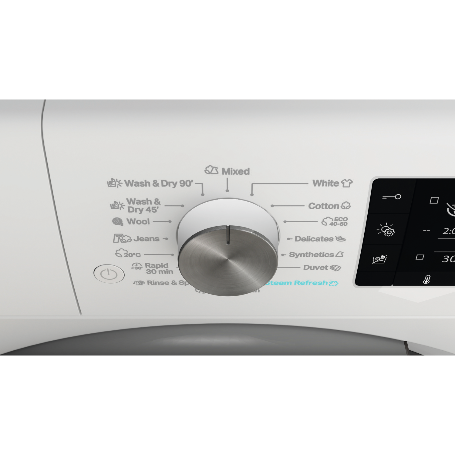 Washing machine control panel with a dial and digital displays for programs.