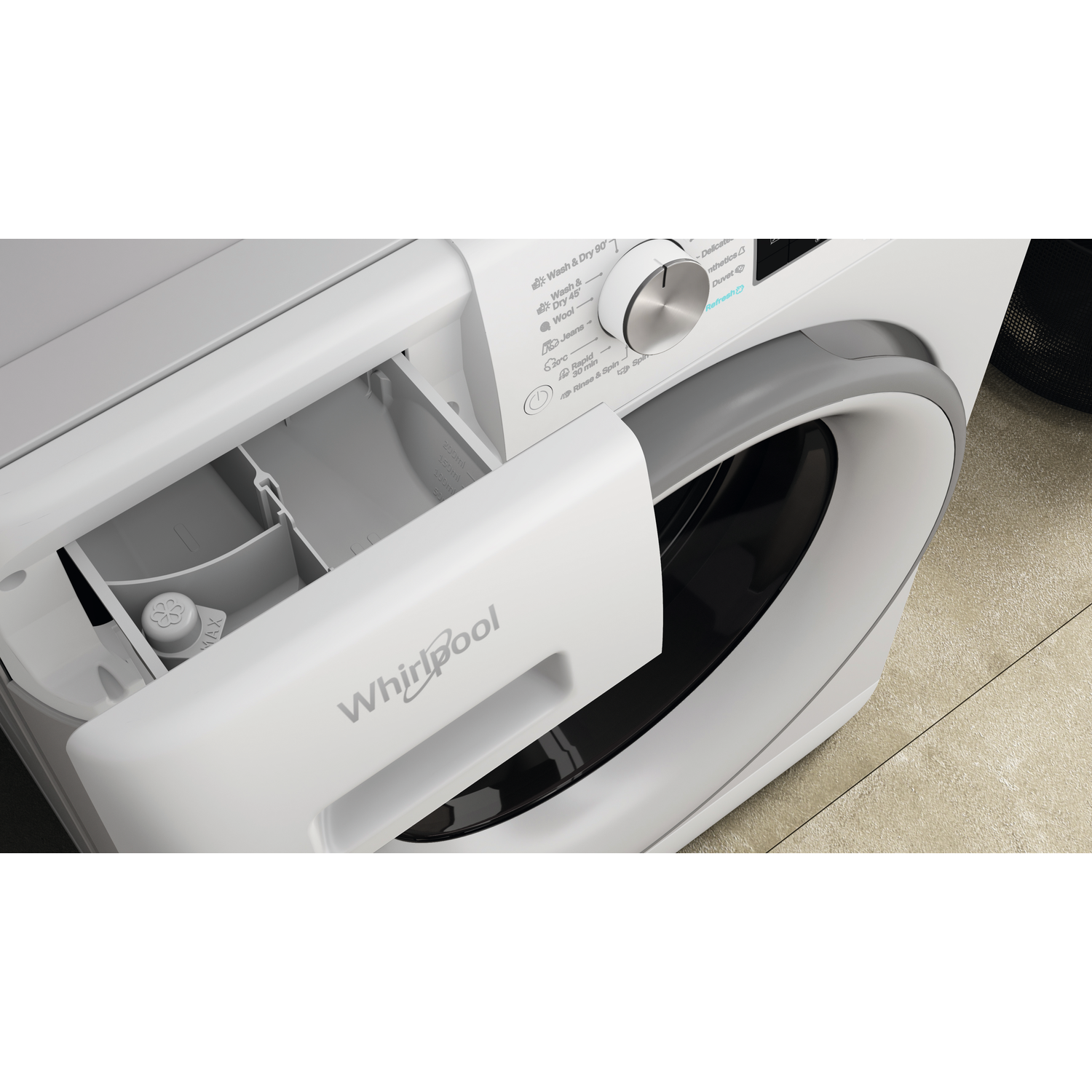 A white washing machine with an open detergent drawer.