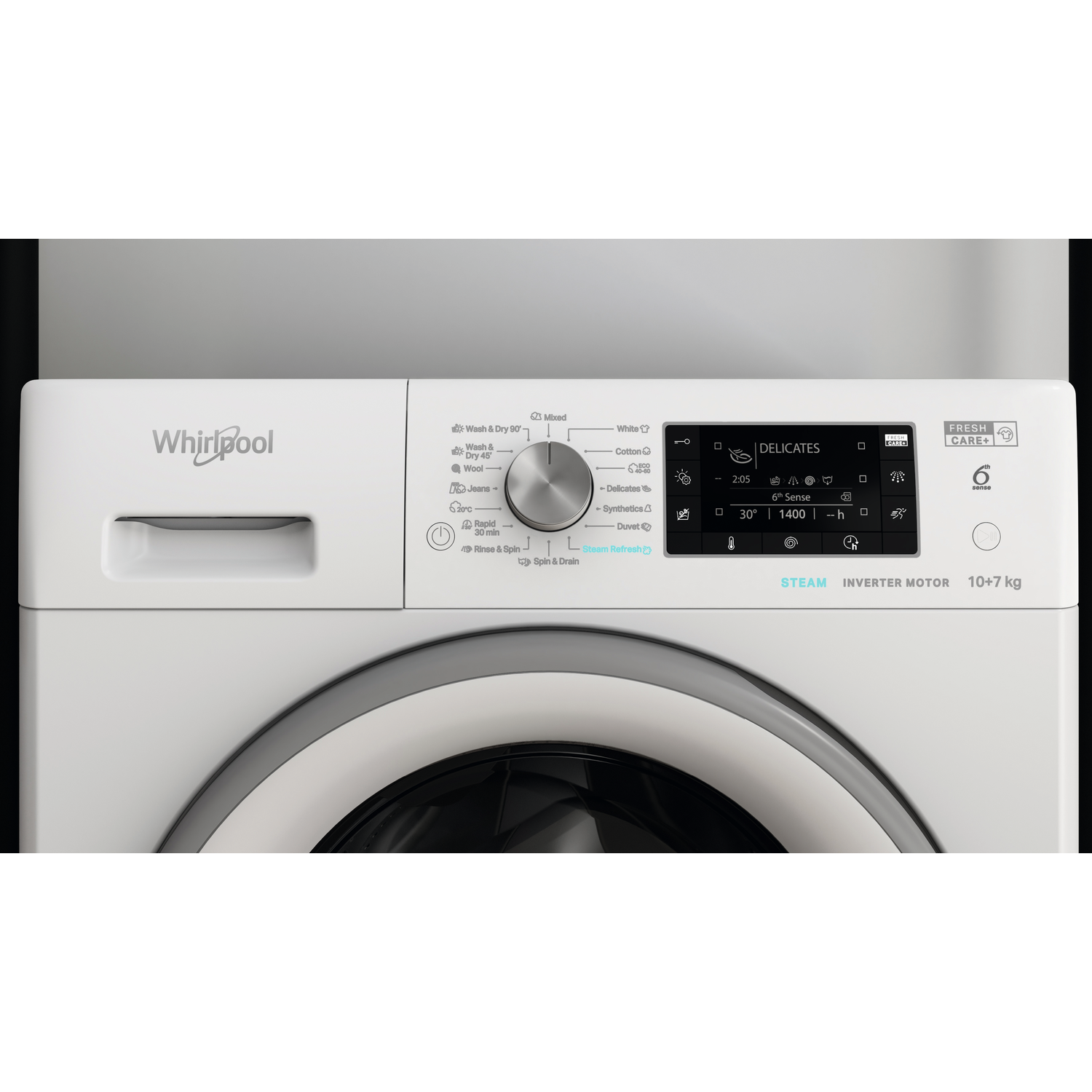 Front view of a white Whirlpool washing machine with a digital control panel and dials.