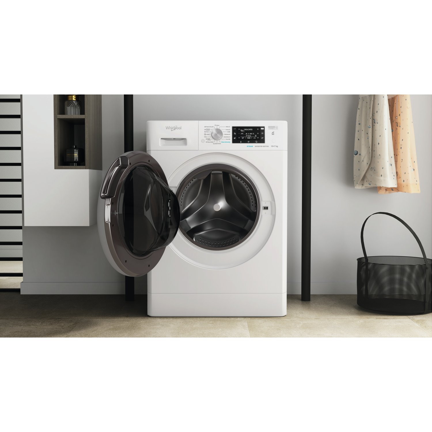 A white washing machine with an open door stands on a beige floor.