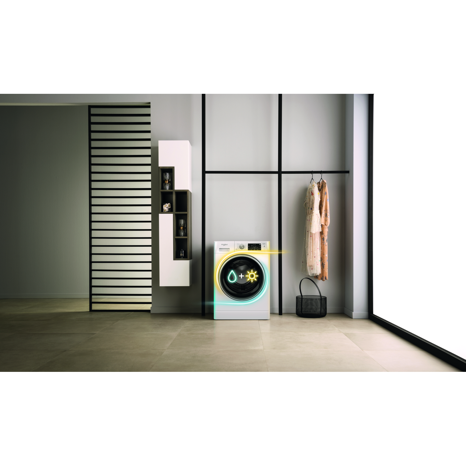 A white washing machine with glowing icons stands in a modern room.