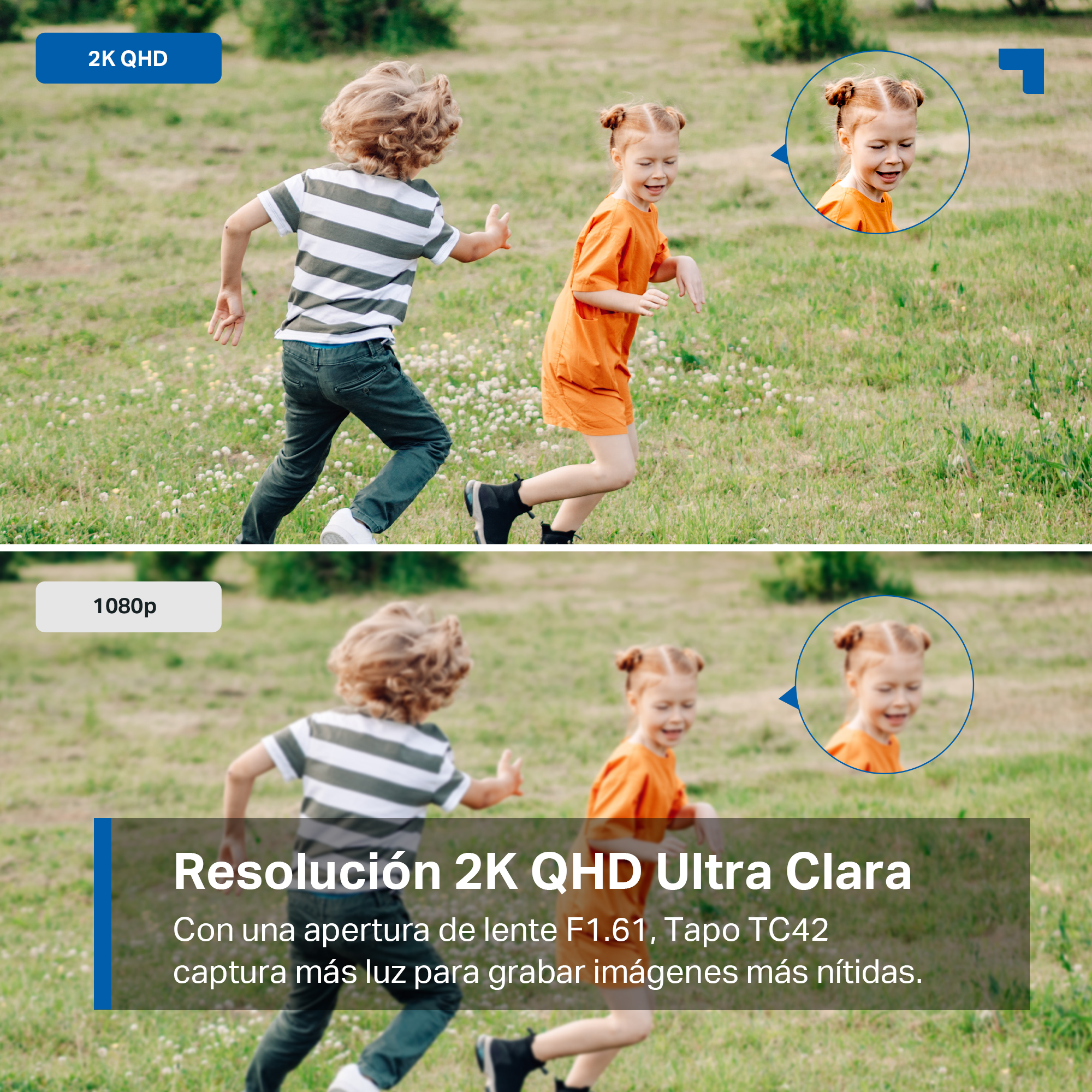 Dos niños corren en un campo verde. Arriba 2K QHD, abajo 1080p.