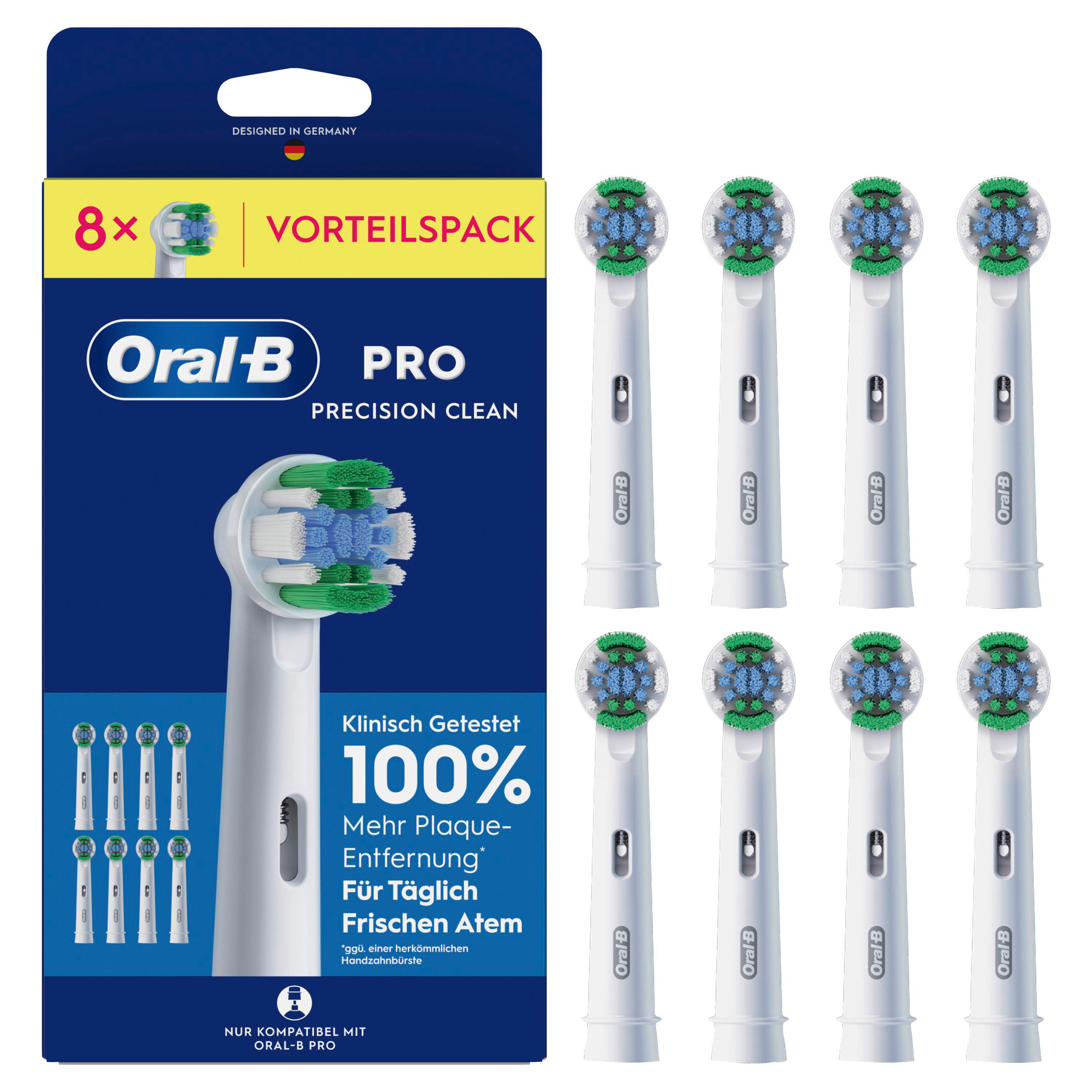 Packung mit 8 Oral-B Precision Clean Aufsteckbürsten für elektrische Zahnbürsten.