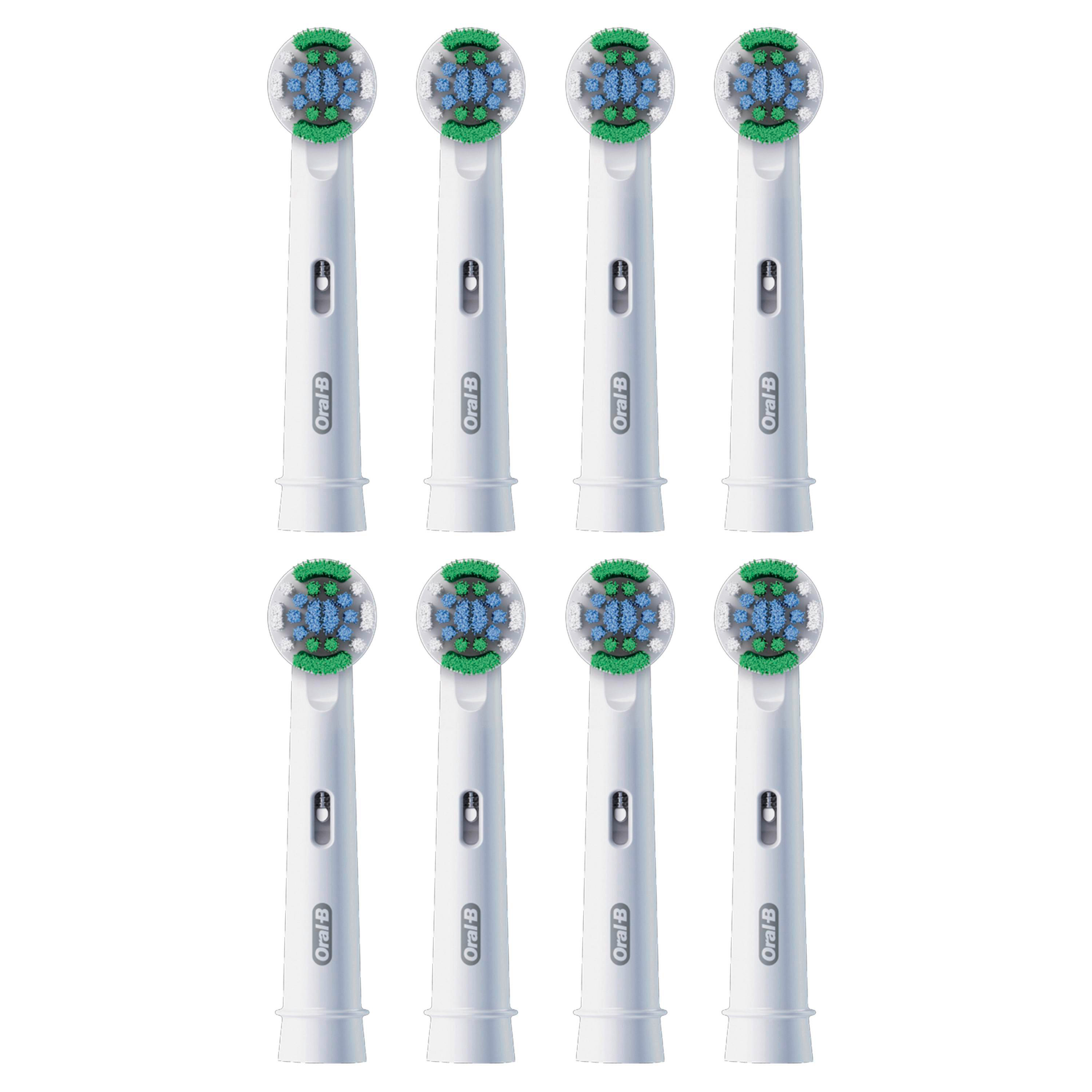 Acht weiße Oral-B Aufsteckbürsten mit blauen, weißen und grünen Borsten.