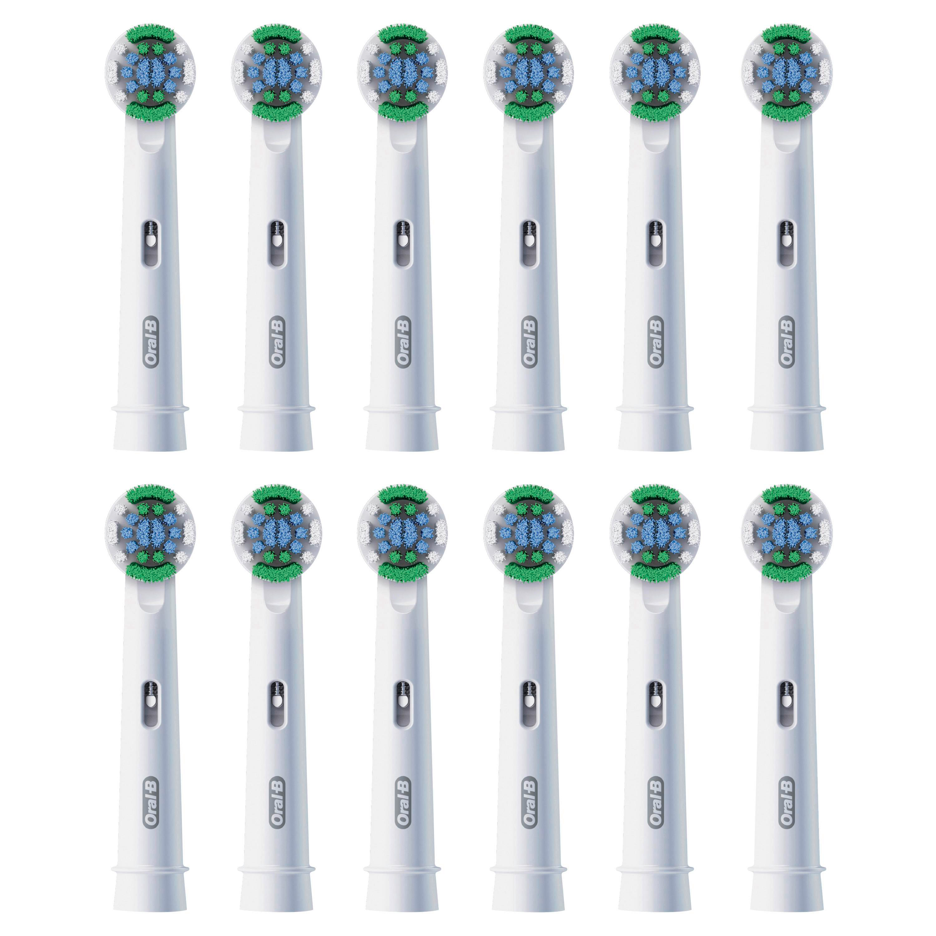 Zwölf weiße Oral-B Aufsteckbürsten mit blauen, weißen und grünen Borsten.