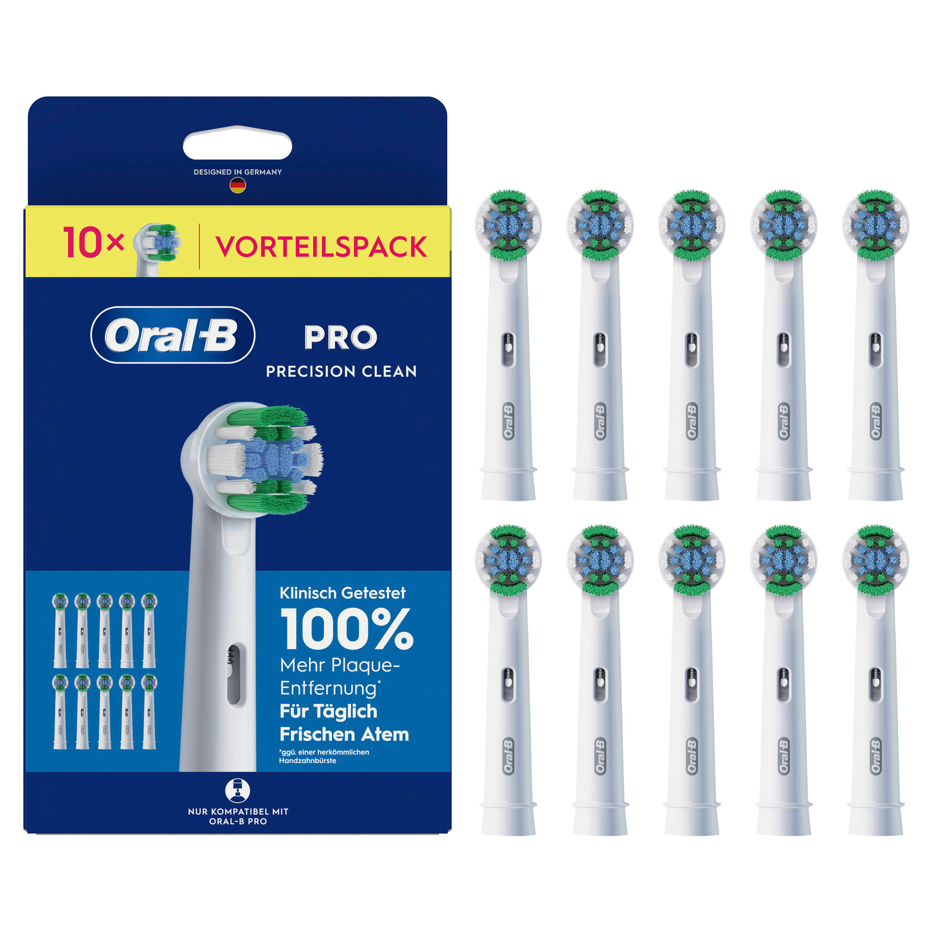 Verpackung mit 10 Oral-B Precision Clean Aufsteckbürsten. Weiß mit blauen und grünen Borsten.