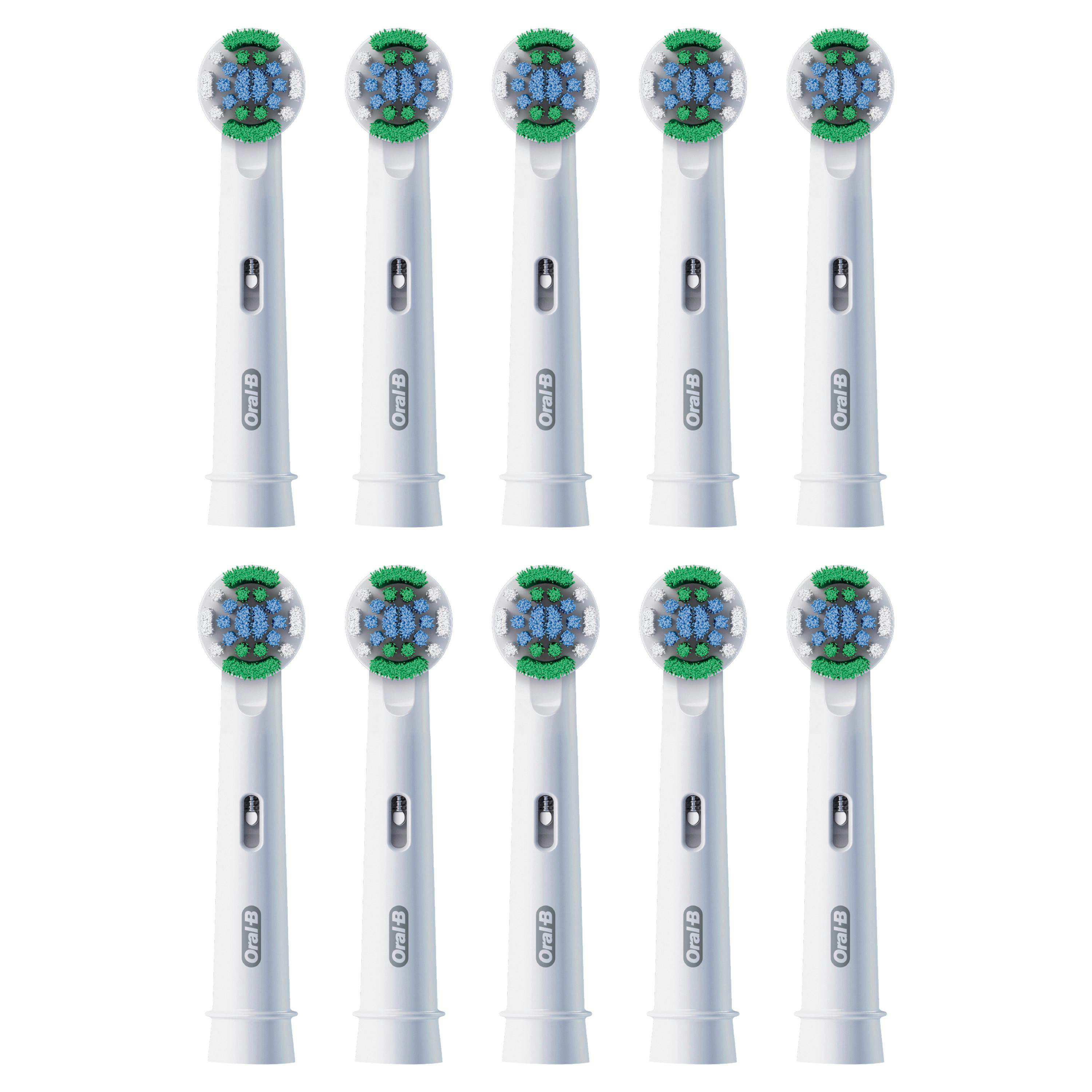 Zehn weiße Oral-B Aufsteckbürsten mit blauen, weißen und grünen Borsten.