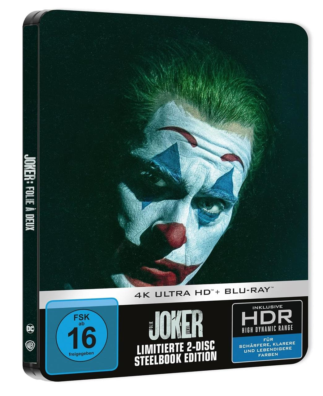 Joker Steelbook Edition mit Clown-Make-up, FSK 16, 4K UHD, Blu-ray, HDR.