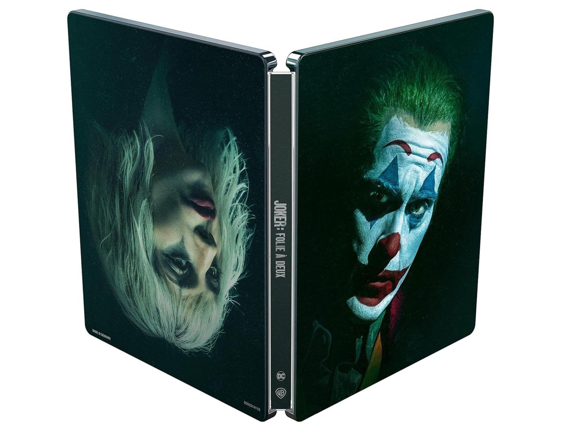 Joker 2 Steelbook: Harley Quinn und Joker mit Clown-Make-up auf schwarzem Hintergrund.