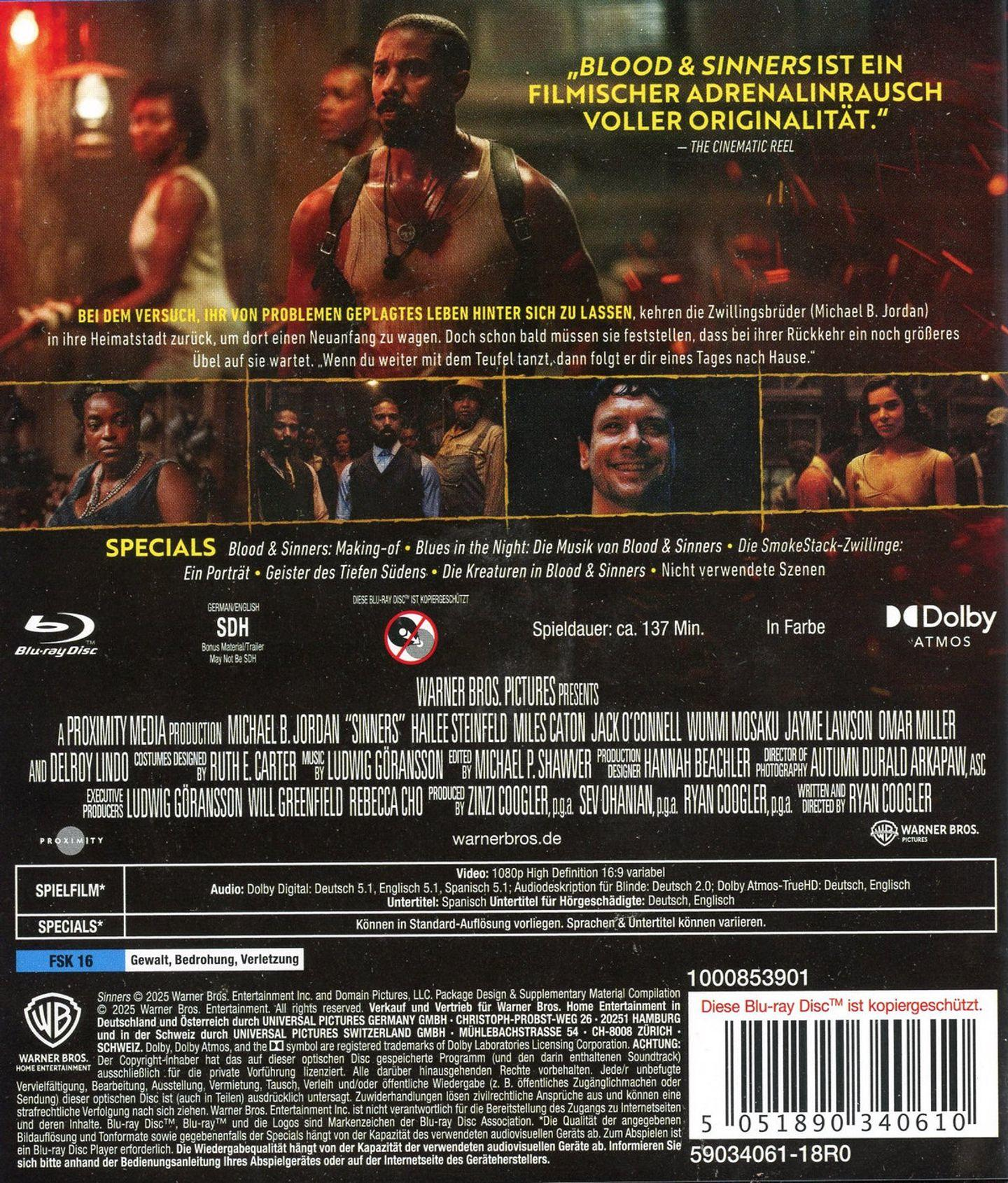 Filmplakat für "Sinners" mit Michael B. Jordan und Darstellern in mehreren Bildern.