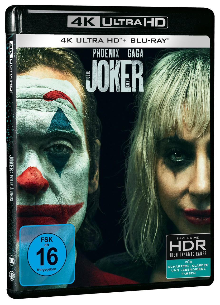 Joker 2 4K Blu-ray Hülle mit Joaquin Phoenix und Lady Gaga. FSK 16 Siegel.