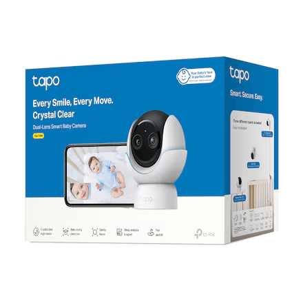 Caja de vigilabebés Tapo mostrando cámara, pantalla de móvil con bebé y funciones.