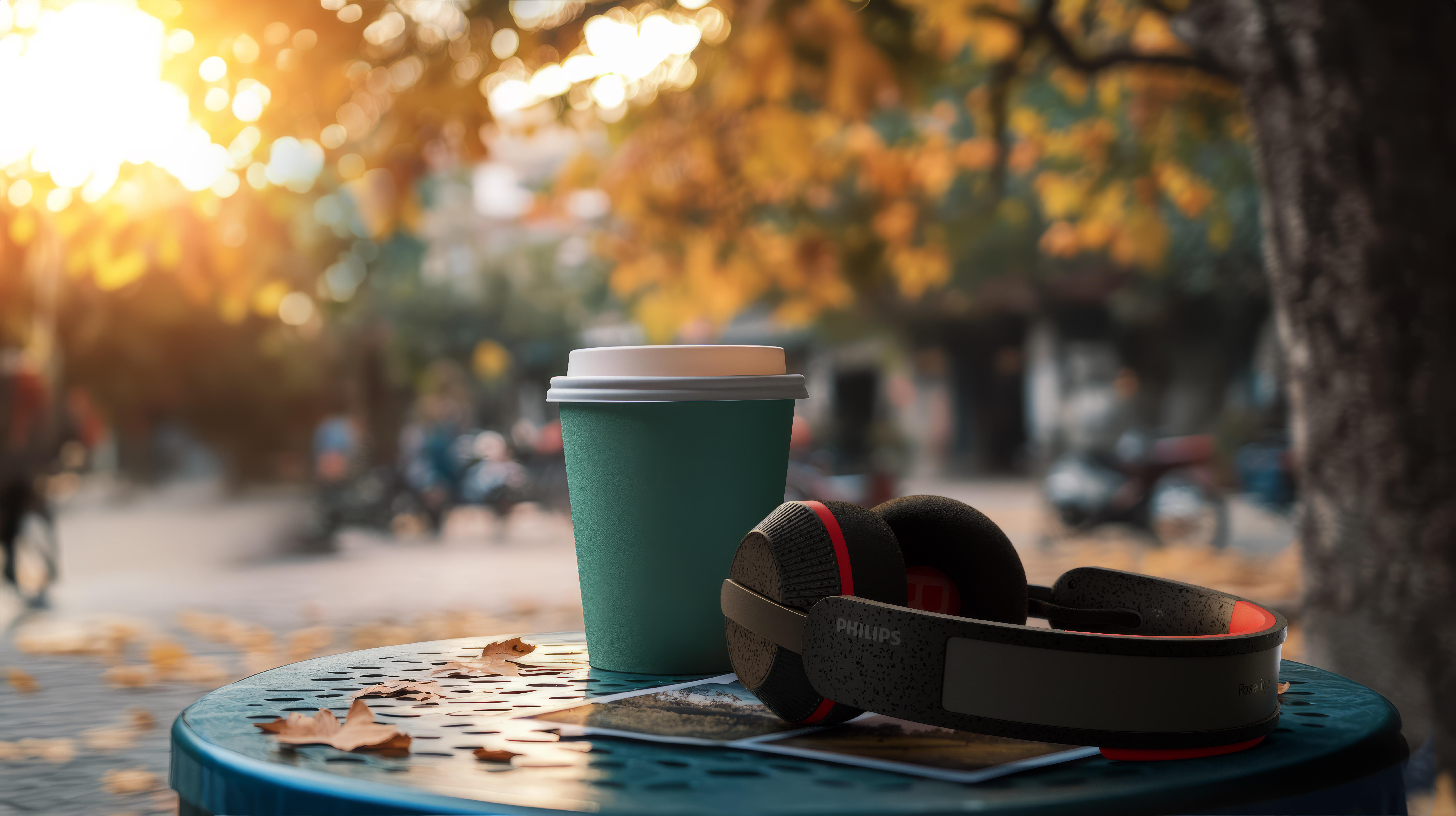Kopfhörer und grüner Becher auf einem Tisch mit Herbstlaub und Sonnenlicht.