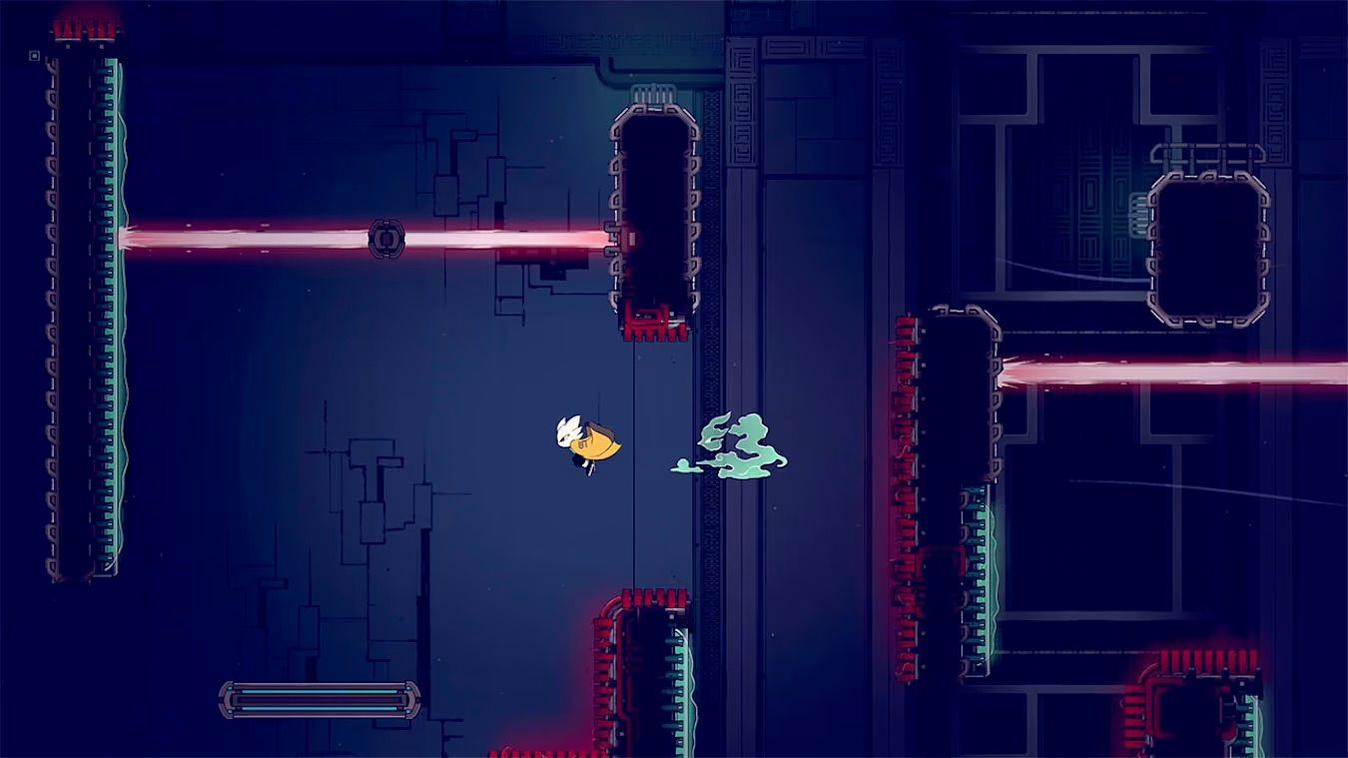 Ein gelber Vogel fliegt neben grünem Rauch in einer dunklen, futuristischen Welt.