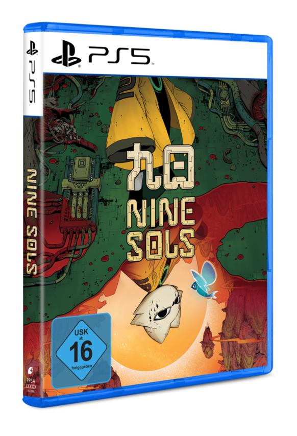 PS5-Spielhülle: Nine Sol's. Ein Charakter in Gelb vor grünem Hintergrund.