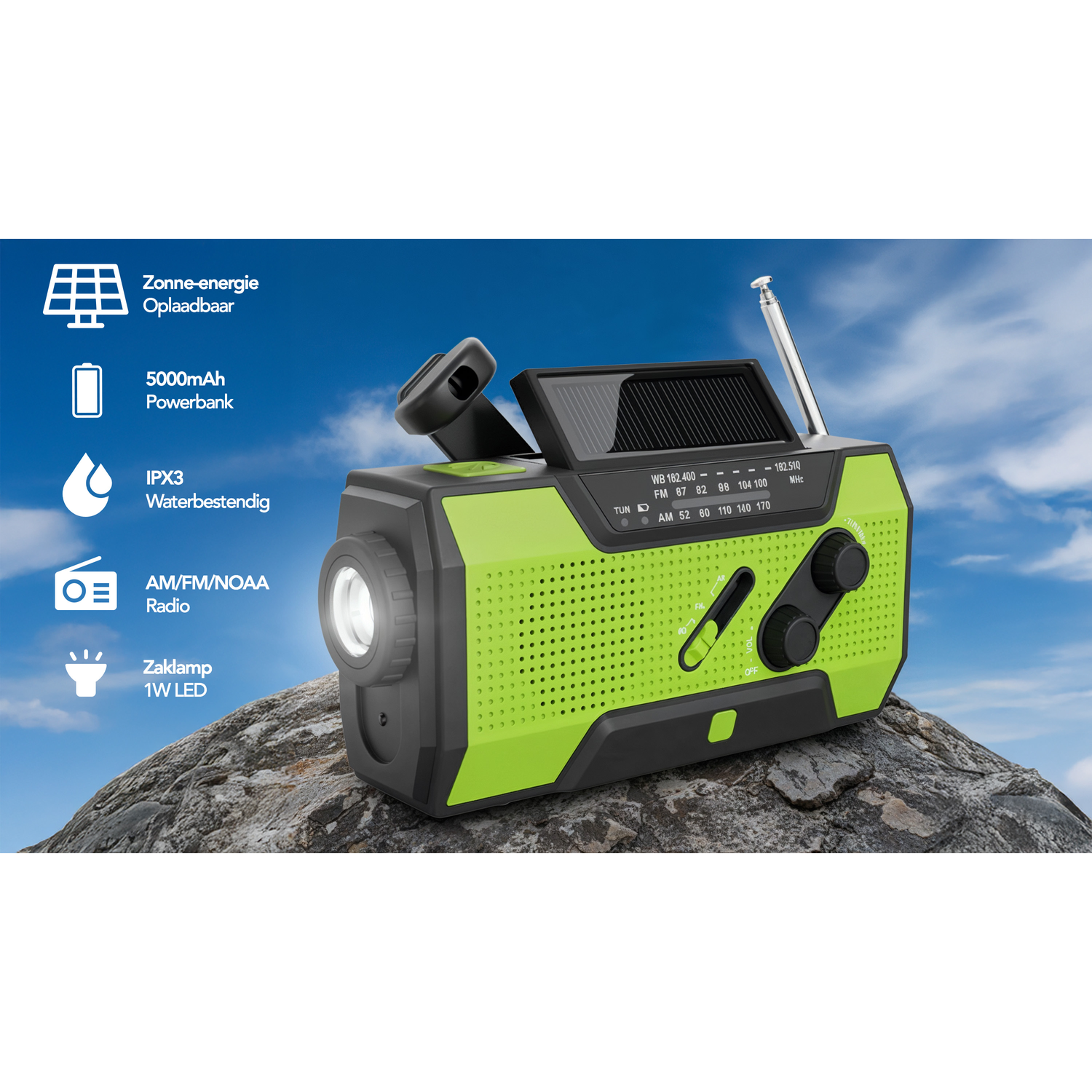 Green solar radio with flashlight, powerbank, and IPX3 water resistance on rocks.