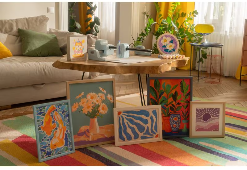 Arte incorniciata su tappeto colorato: pesci koi, fiori, piante, onde astratte, tramonto.