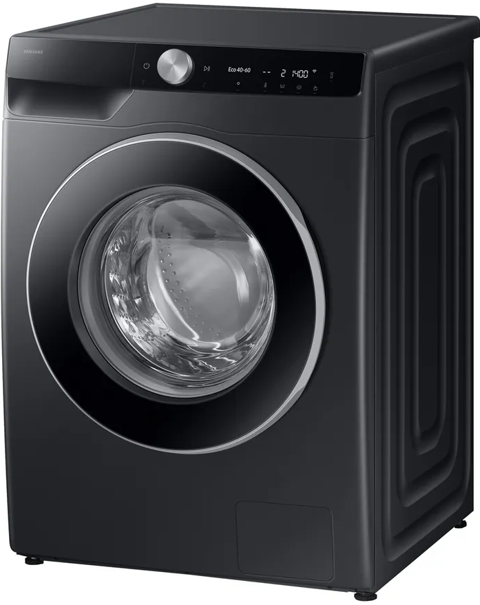 Schwarze Samsung Waschmaschine mit silbernem Drehknopf und digitalem Display.