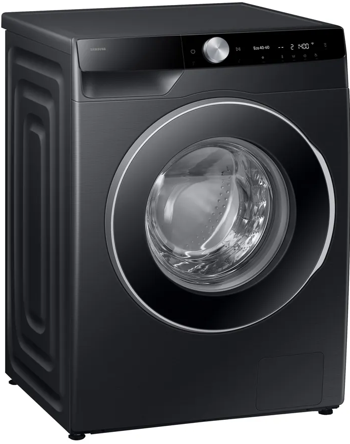 Schwarze Samsung Waschmaschine mit Frontlader und silbernem Drehrad.