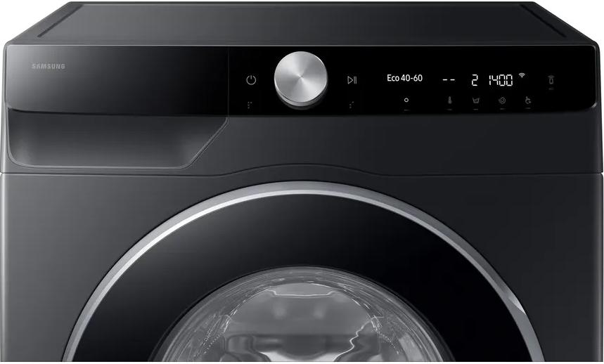 Schwarze Samsung Waschmaschine mit digitalem Bedienfeld und silbernem Drehknopf.
