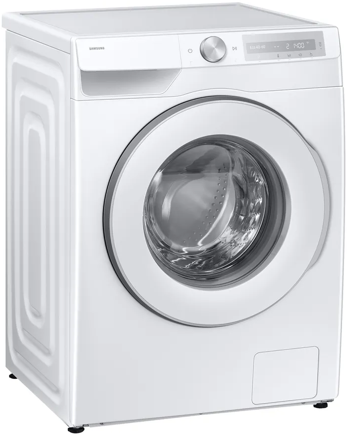 Eine weiße Samsung-Waschmaschine mit runder Tür und digitalem Display.