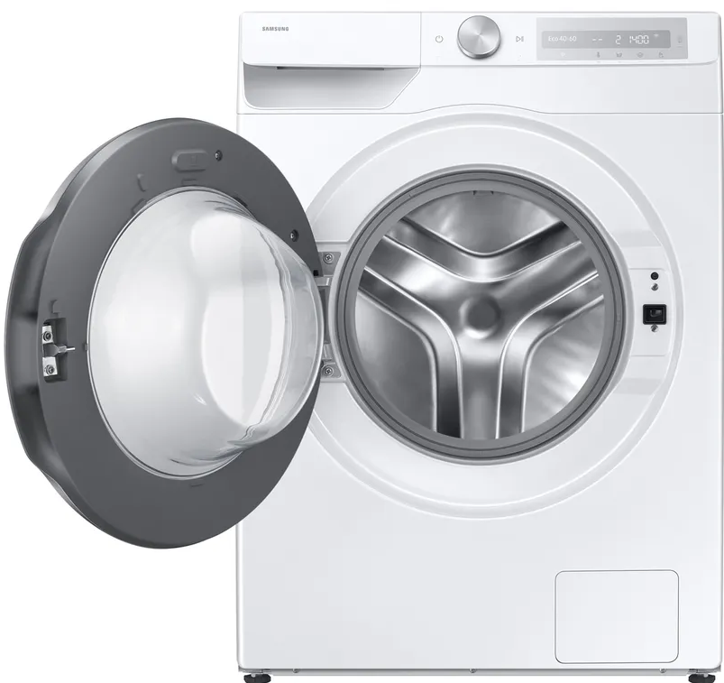 Vorderansicht einer weißen Samsung-Waschmaschine mit offener Tür.