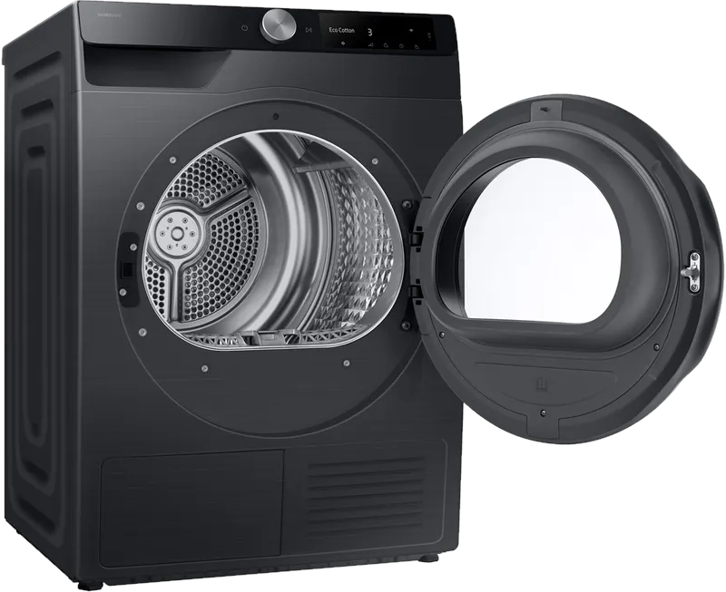 Dunkelgraue Samsung-Waschmaschine mit geöffneter Tür und Trommel sichtbar.