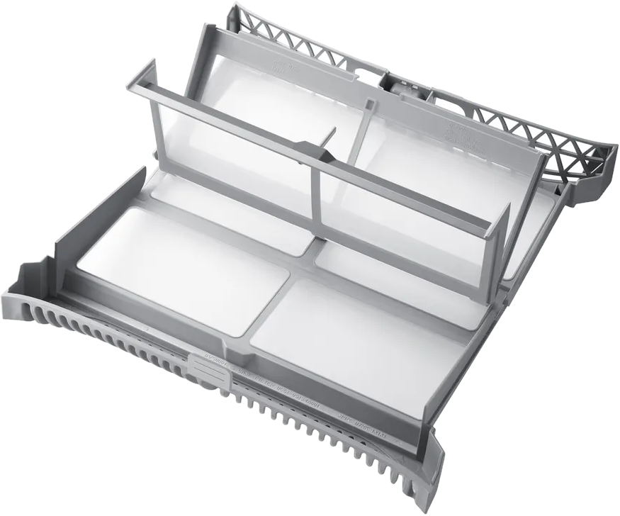 Grauer Wäschetrocknerfilter mit mehreren Fächern und feinen Gittern.