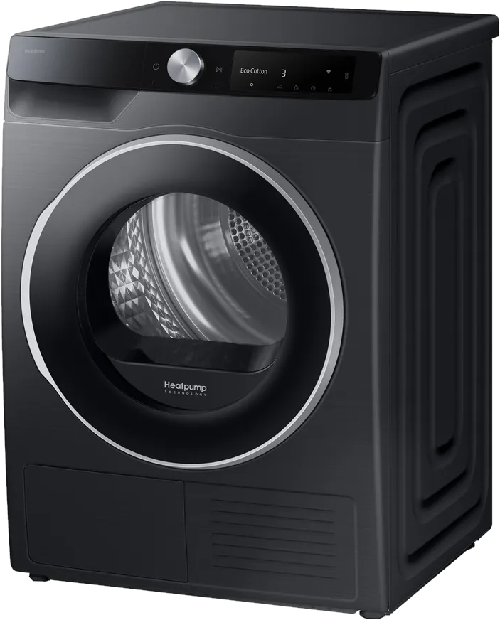 Schwarzer Samsung Trockner mit Heatpump Technologie und digitalem Display.