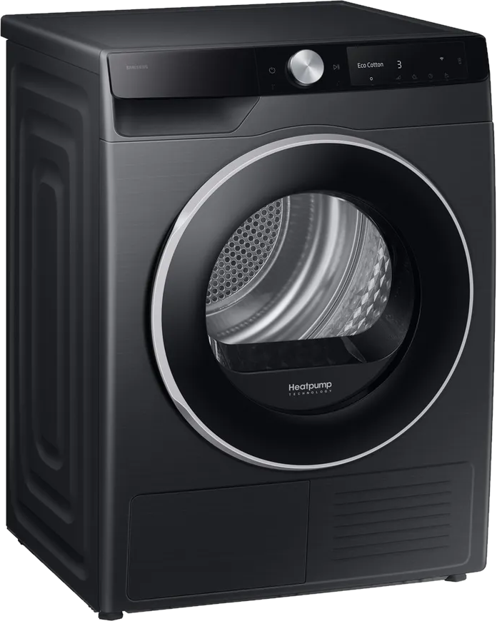 Schwarzer Samsung Wäschetrockner mit digitalem Display und runder Tür.