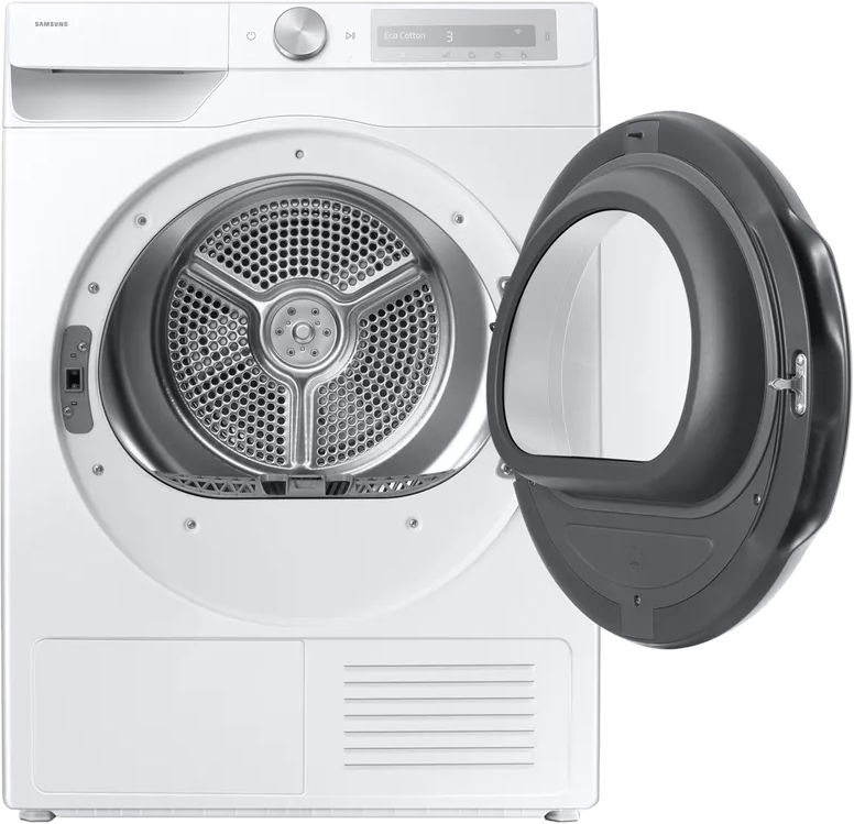 Weiße Samsung Trocknertrommel mit geöffneter dunkler Tür und silbernem Bedienfeld.