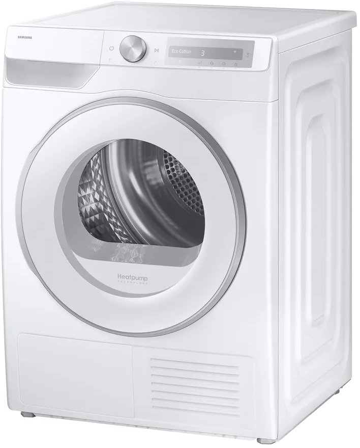 Ein weißer Samsung Wärmepumpentrockner mit silbernem Rand um die Tür und Display.