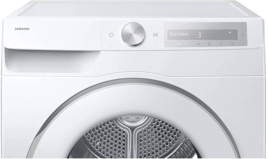 Weiße Samsung Waschmaschine mit digitalem Display und silbernem Drehknopf.