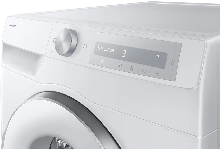 Nahaufnahme des Bedienfelds einer weißen Samsung-Waschmaschine mit silbernem Knopf und Digitalanzeige.