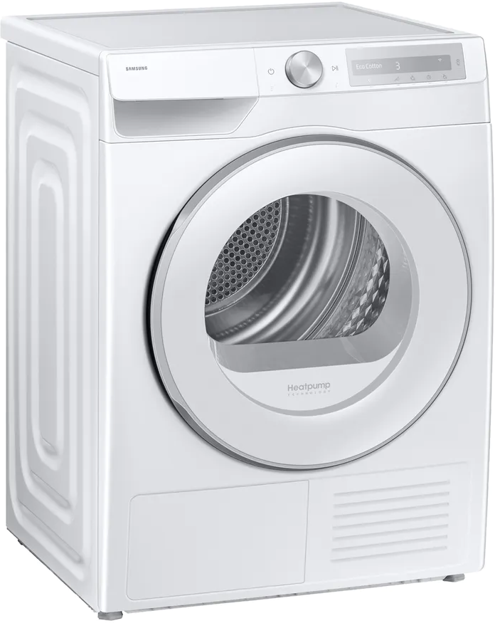 Weiße Samsung-Wärmepumpen-Trockner mit silbernem Zifferblatt und digitalem Display.